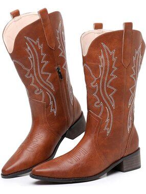 Women's Dark Brown Mid Calf Pointed Toe Chunky Heel Side Zip Cowgirl Boots